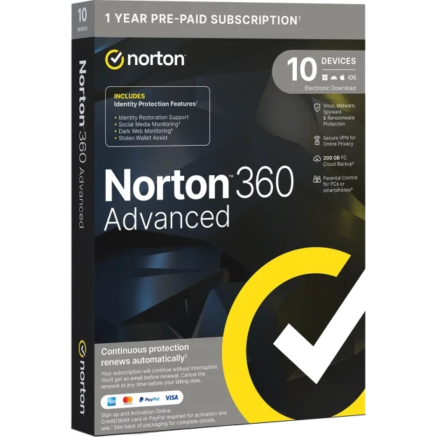 Norton 360 Advanced – Premium Identity Protection and VPN | 1 Year, 1 Device